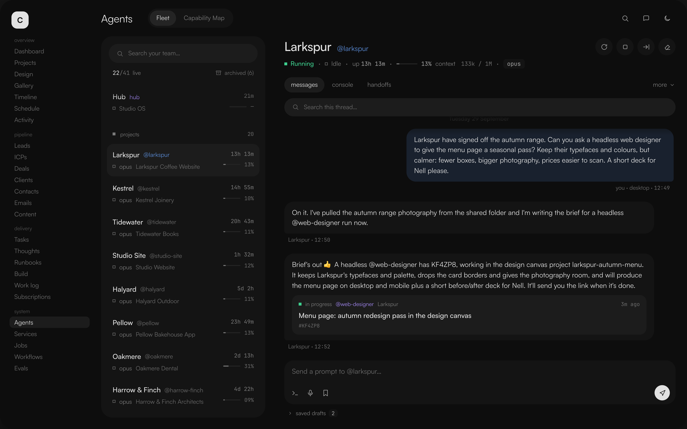 The Command dashboard, agents view: a fleet of client agents down the left, and beside it a thread where the Larkspur agent briefs a designer on an autumn menu redesign.