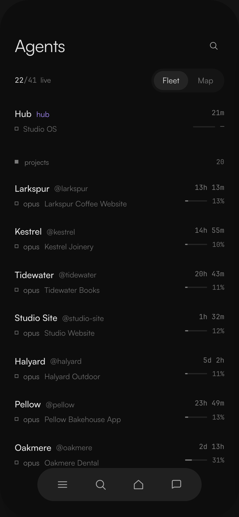 Command on a phone: the fleet roster with each agent's uptime.